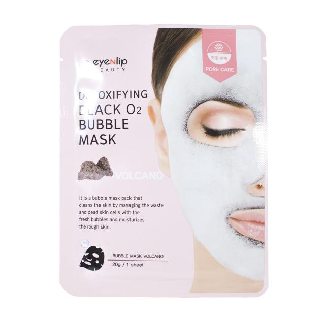 foto киснева тканинна маска для обличчя eyenlip detoxifying black o2 bubble mask volcano з вулканічним попелом, 20 г
