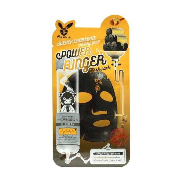 foto очищувальна живильна маска для обличчя elizavecca milky piggy cyborg black charcoal honey deep power ringer mask pack з деревним вугіллям та медом, 23 мл