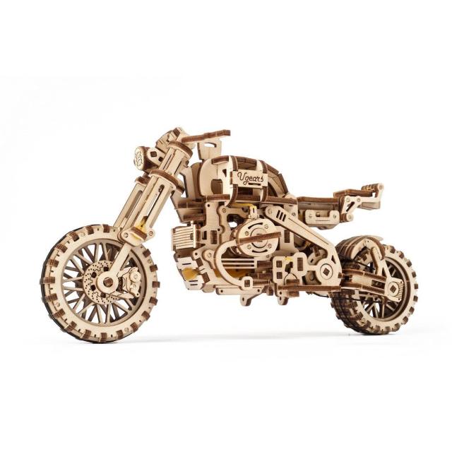 foto 3d дерев'яний конструктор ukrainian gears мотоцикл scrambler ugr-10 з коляскою, 380 деталей (70137)