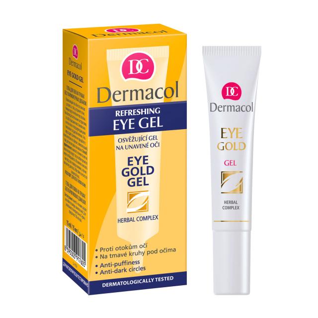 foto гель навколо очей dermacol eye gold gel проти набряків і темних кіл під очима, на травах, без парфюмерних домішок, 15 мл