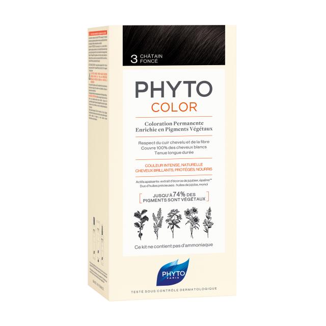 foto безаміачна крем-фарба для волосся phyto phytocolor coloration permanente 3 темний шатен, 112 мл